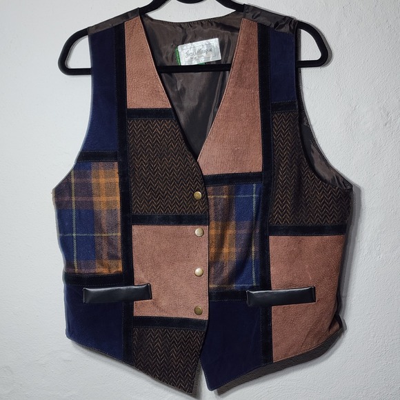 Jeri Marque New York Jackets & Blazers - Jeri Marque New York Vintage Patchwork Leather Vest LG‎ Brown Plaid Herringbone